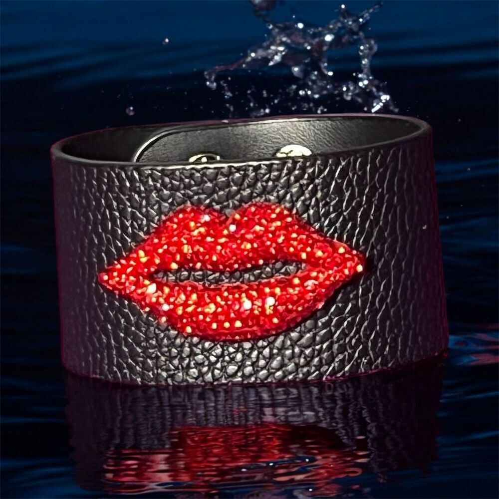 Rhinestone Red Lip Cuff Bracelet Black PU Leather